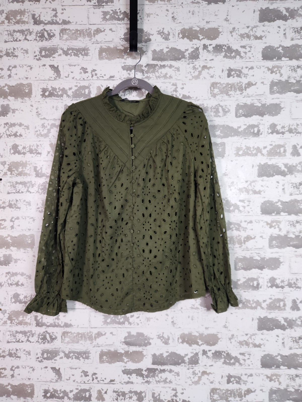 Boho Eyelet Embroidered Top Size Medium Green Peasant Cottagecore Victorian
