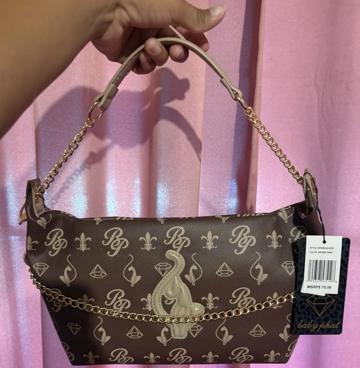 Baby Phat Brown Logo Print Small Shoulder Bag w/ Chain Strap, Zip Closure