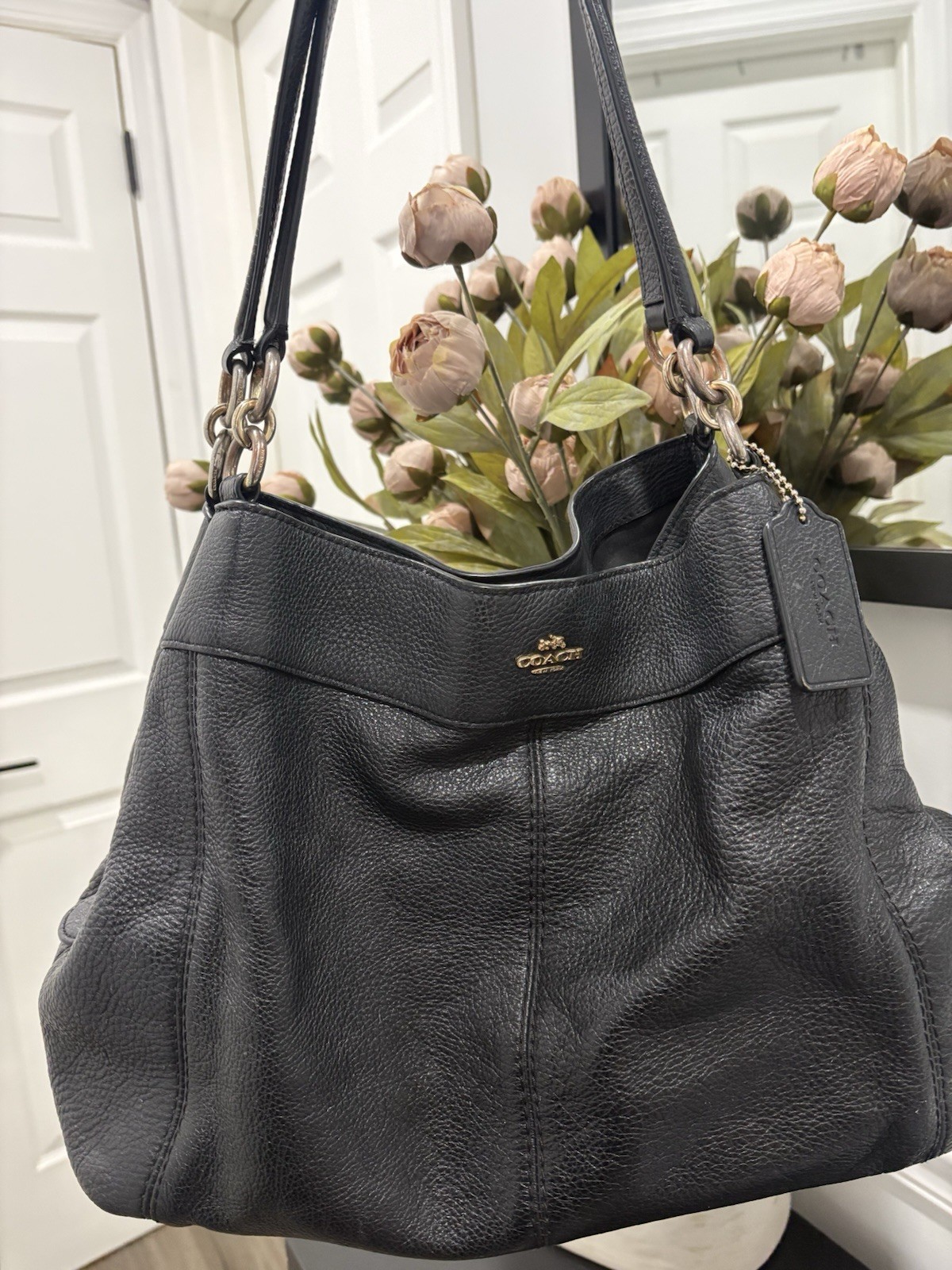 Coach Lexy F28997 Midnight Blue Pebbled Leather Shoulder Bag 3 Compartment Tote
