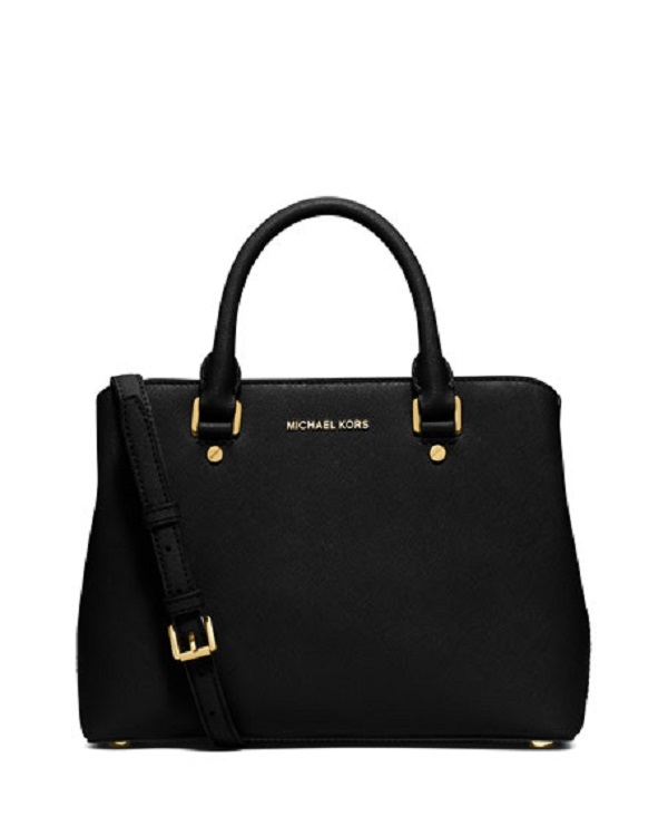 New Michael Kors Savannah Medium Saffiano Leather Satchel BLACK tote black gold