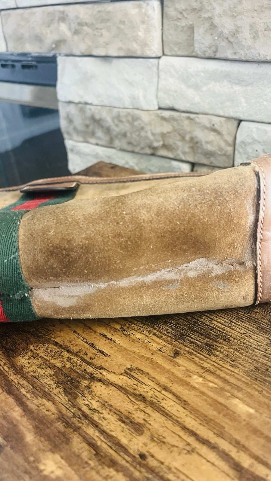 Vintage Gucci Brown Suede Portfolio Clutch Web Stripe GG Monogram Lining Italy