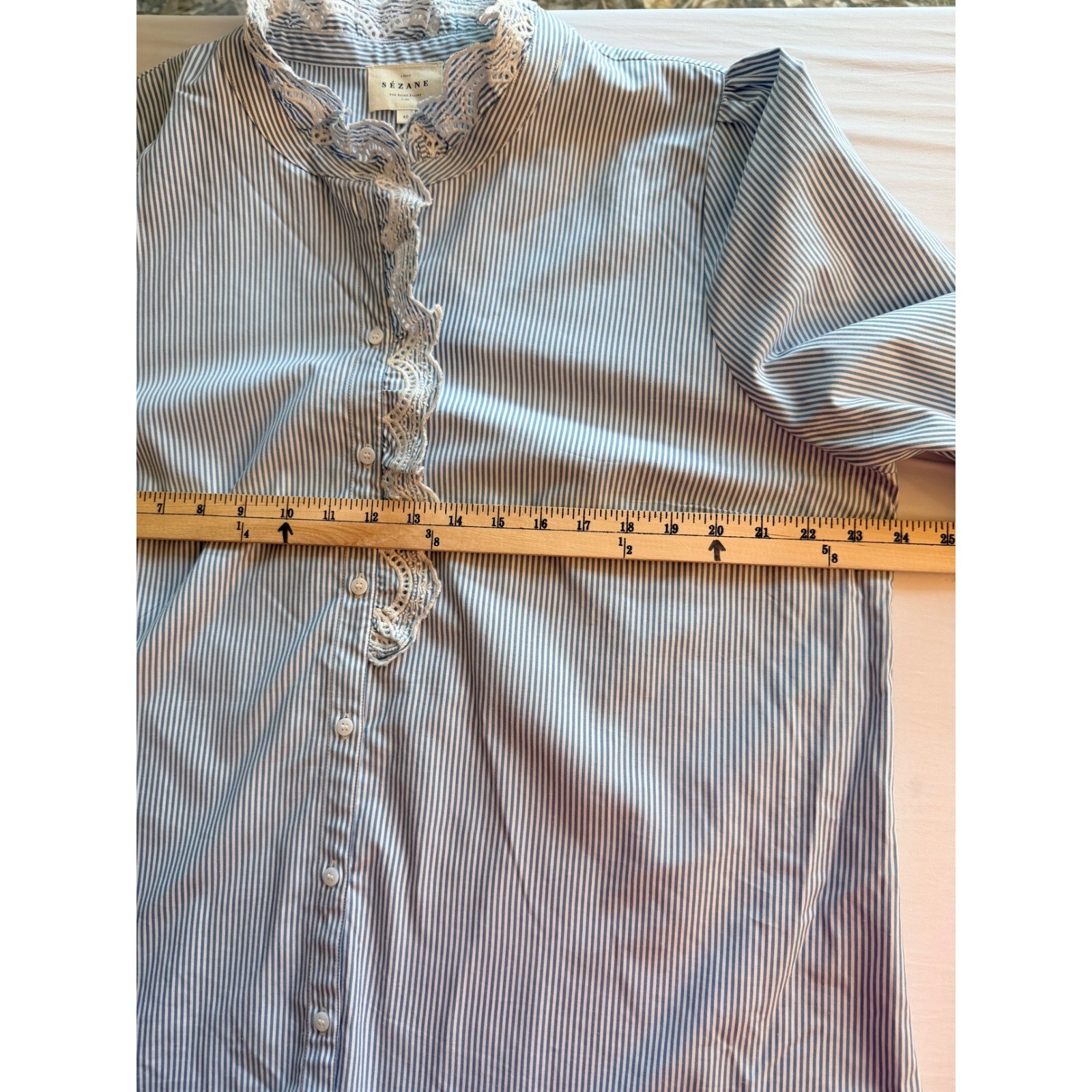 SÉZANE Blue Striped Chlo Blouse Lace Trim Romantic Cottagecore Shirt US Size 16