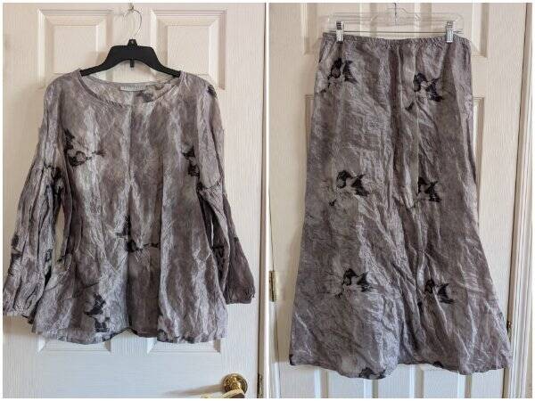 2 PC SZ LG Top/Maxi Skirt Bryn Walker Giardino Grigio Memory Crunch Taffeta