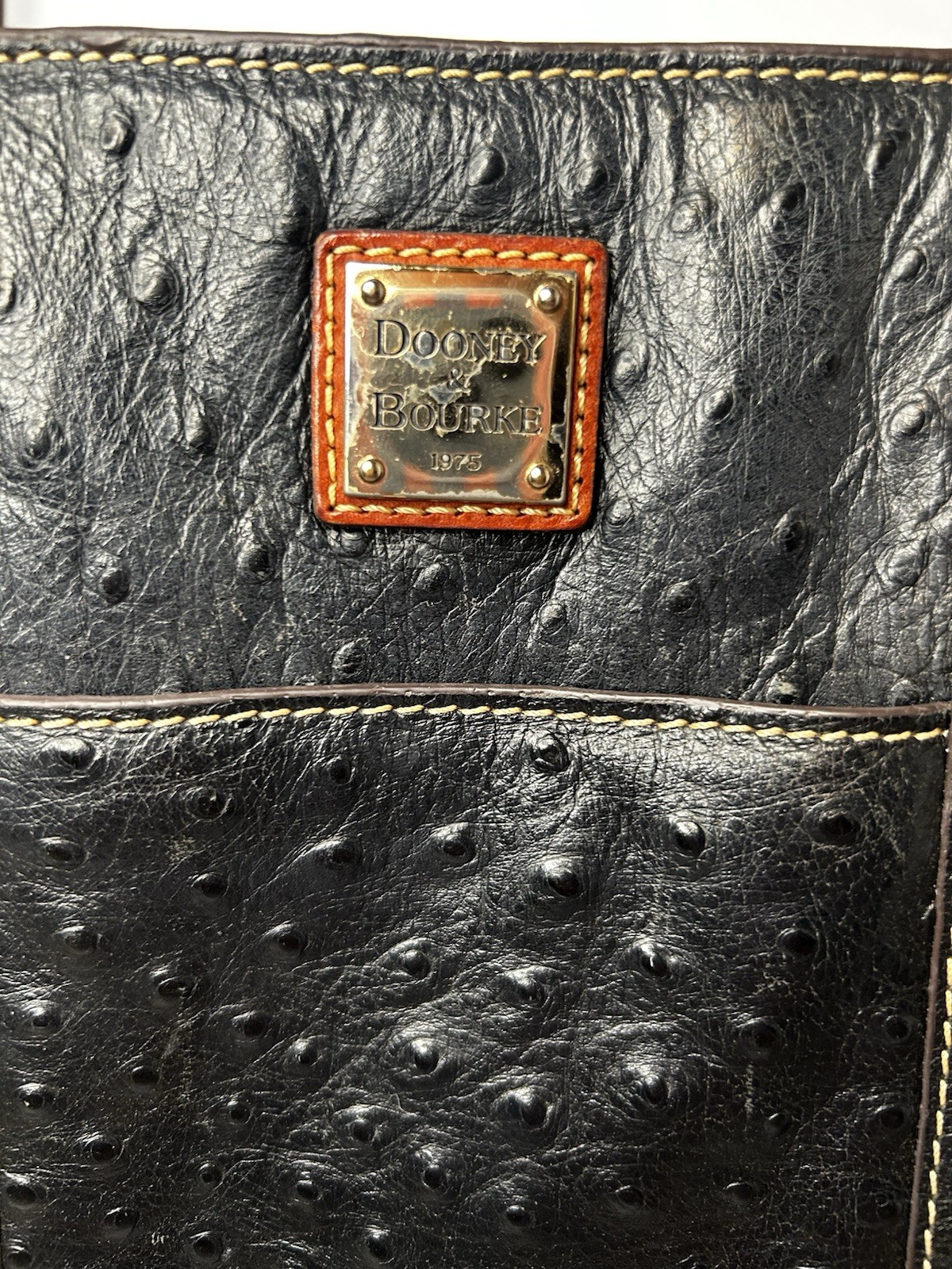 Dooney & Bourke Black Ostrich Tote, Zip, Red Lined, Brown Straps, Gold HW