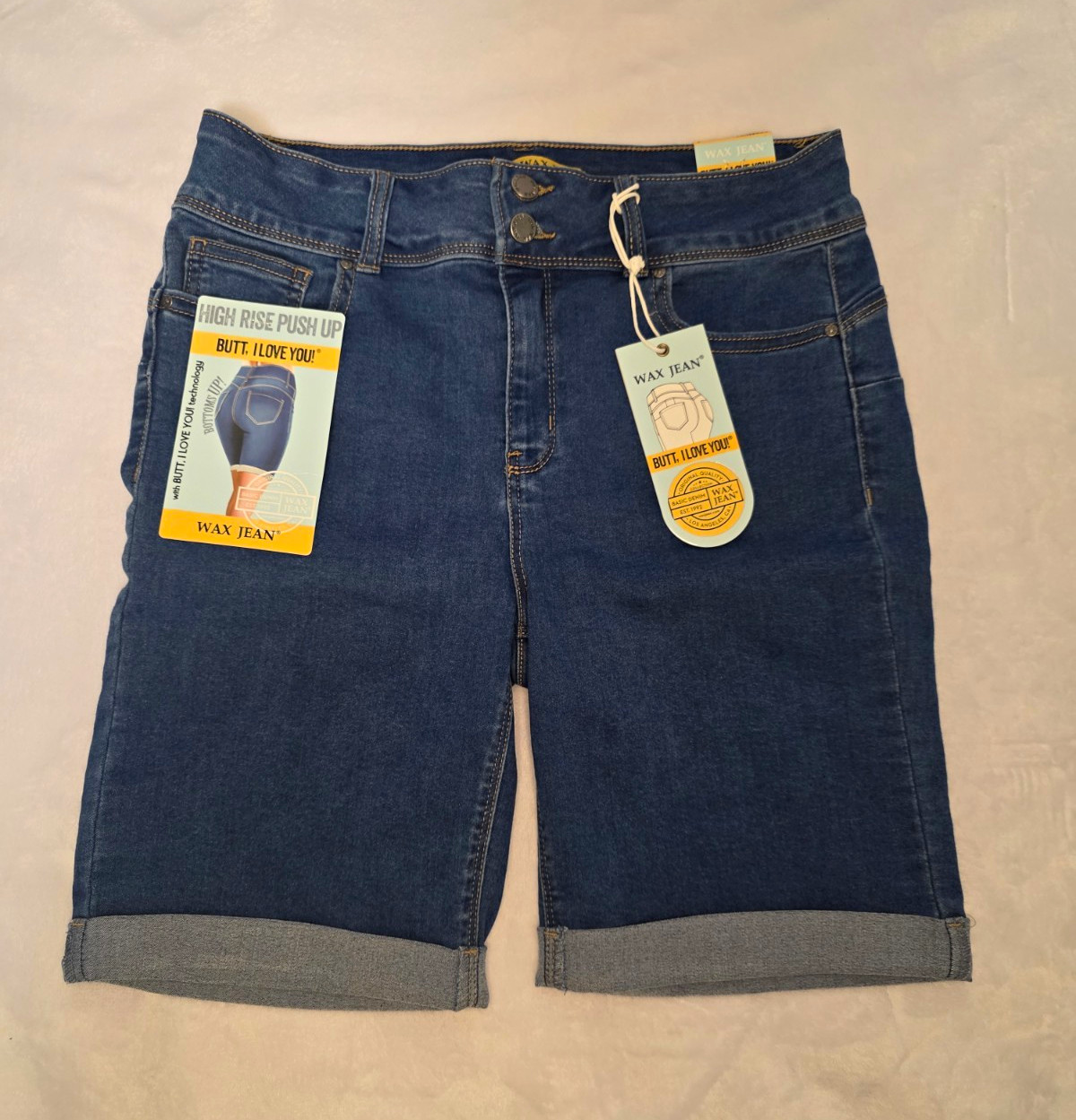 WAX JEAN High Rise Push Up Stretch Cuffed 5-Pocket Bermuda Shorts Blue L