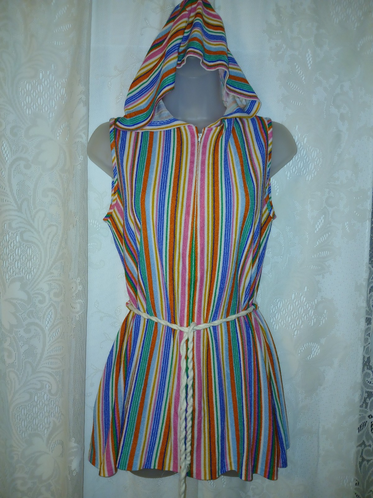 Vintage 70s Terry Cloth Rainbow Stripes Hooded Swim Cover-up Robe Tex M EUC