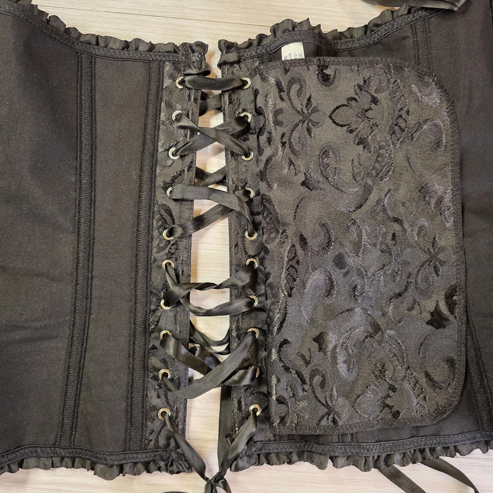 Black Lace-Up Corset Bustier Boned Gothic Steampunk Ruffle Trim Size M Victorian