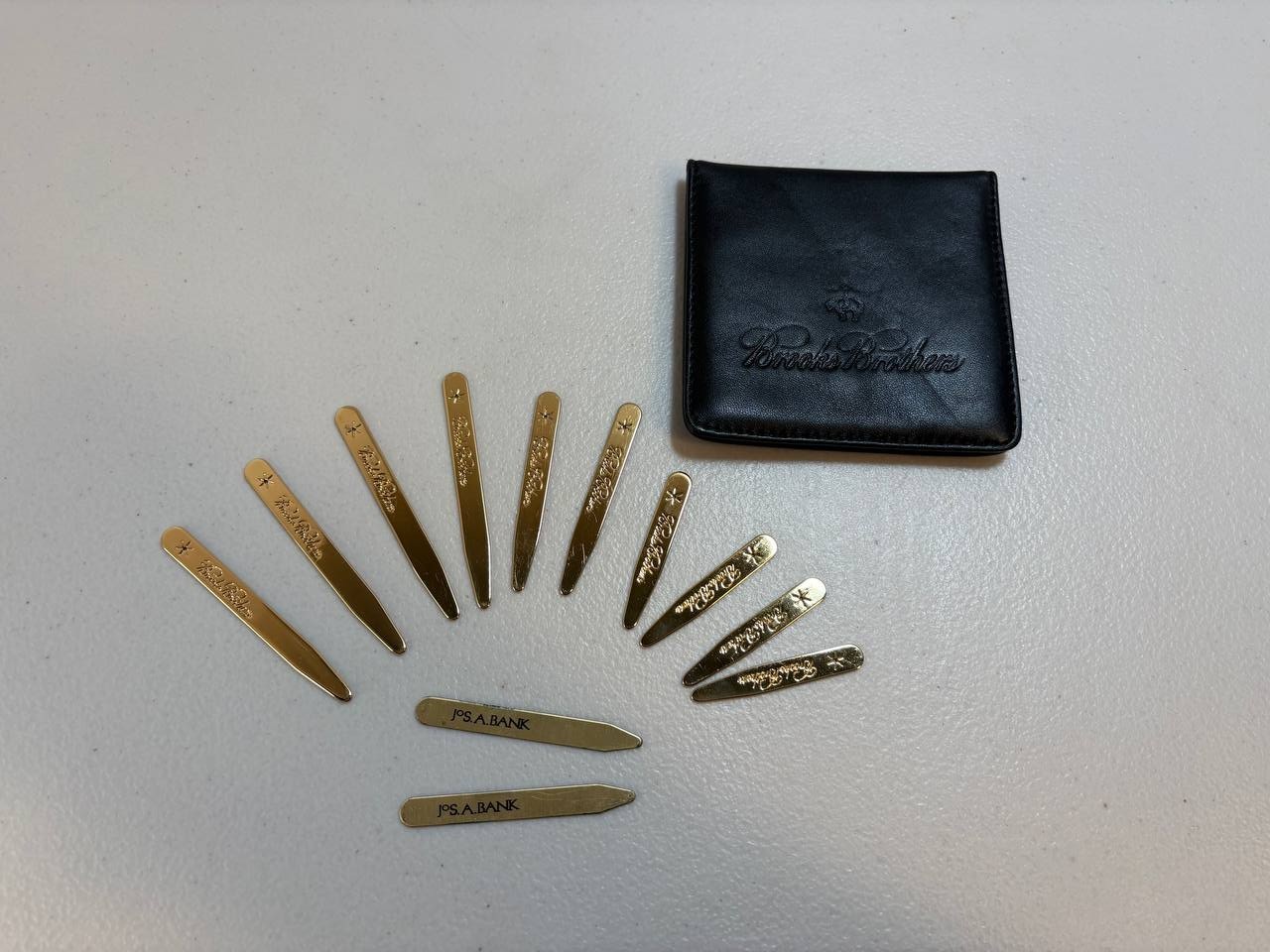 Brooks Brothers Gold Tone Collar Stays Set w/ Black Leather Case 7 Pieces
