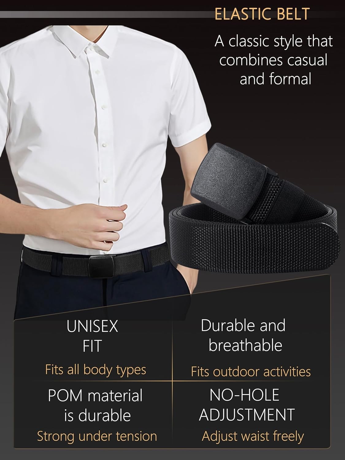 Men’s Adjustable Tactical Belt, TSA Approved Metal-Free Elastic Stretch Belt