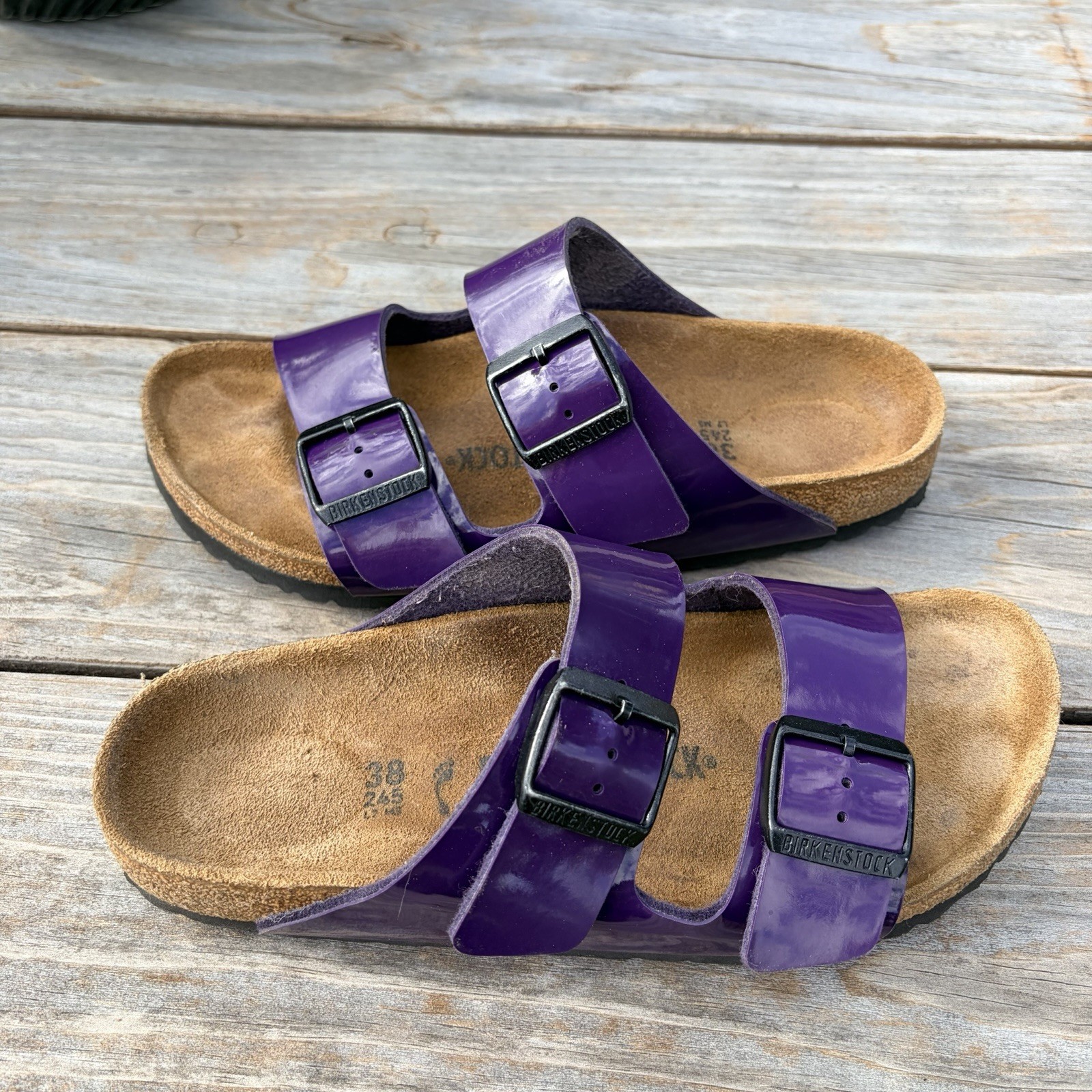 Birkenstock Arizona Patent Birko-Flor Sandals in Plum Size 38 7.5 US