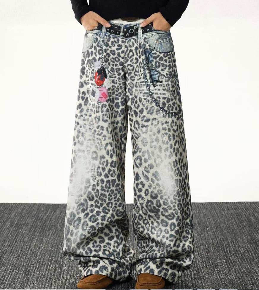 Men’s Leopard Denim Jeans Straight Leg Casual Pants Casual Punk Hip Hop Fashion