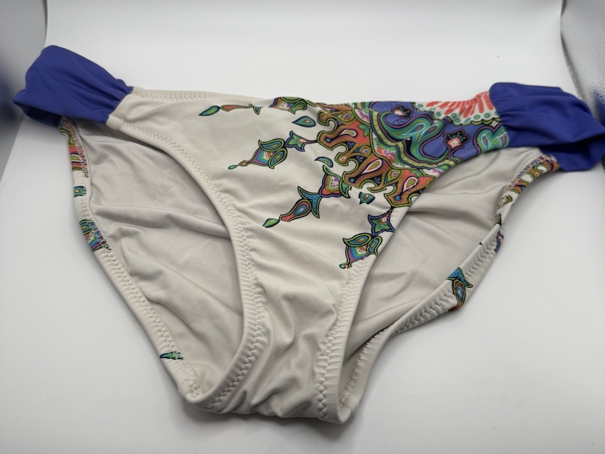 Trina Turk Kasbah Shirred Hipster Swim Bikini Bottom Sz 8 White Blue Multi