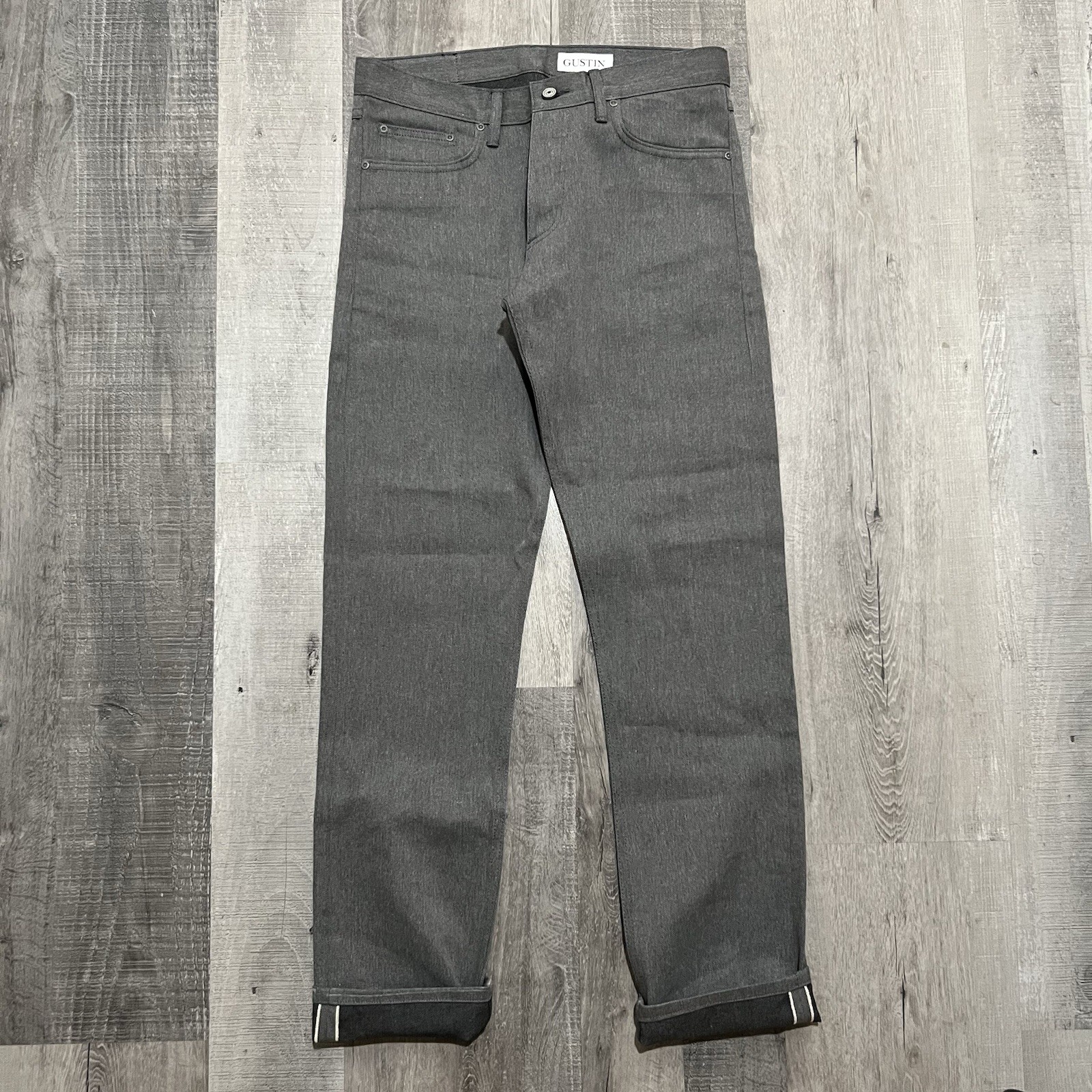 GUSTIN California Slim Gray Raw Denim Jeans Men’s Selvedge Button Fly Size 34