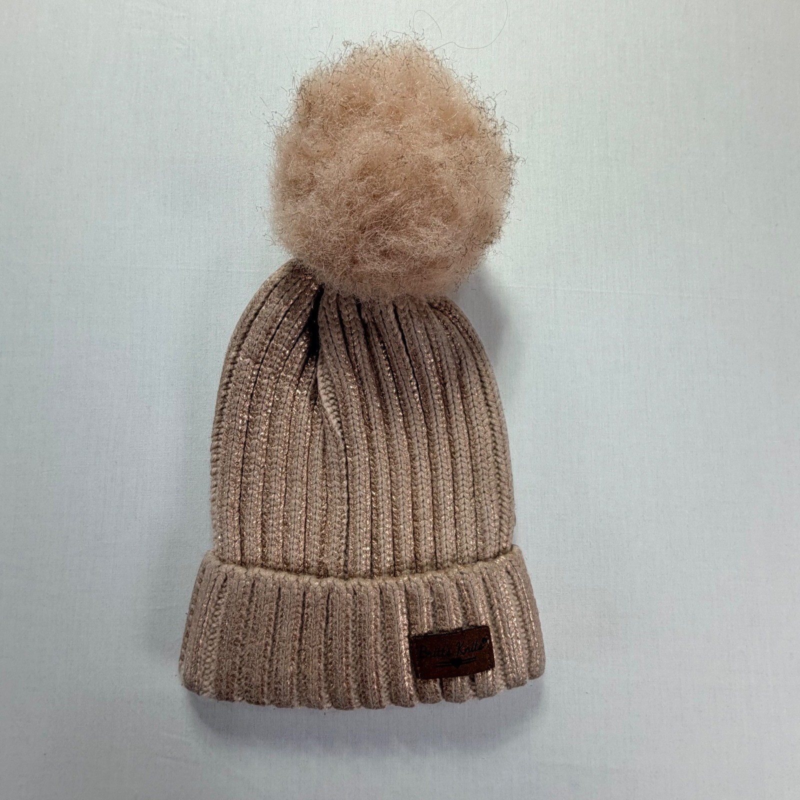 Britt’s Knits Beanie Hat Rose Gold Metallic Ribbed Pom Pom