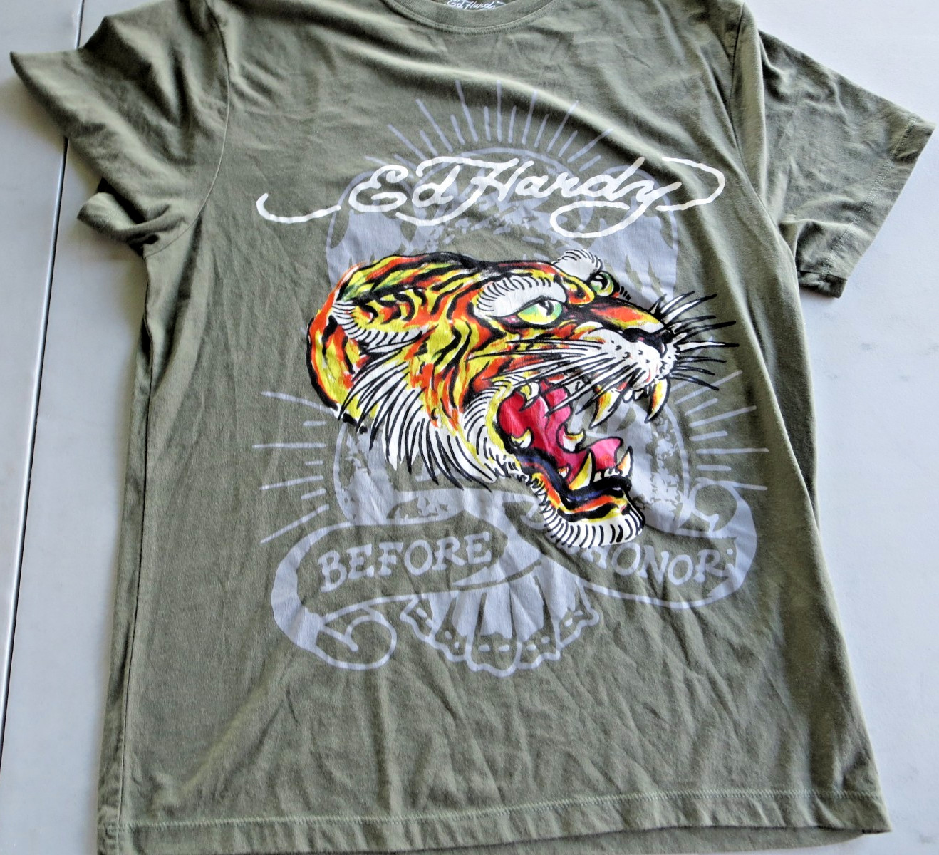 Ed Hardy Men’s SLATE GRAY Short Sleeve Graphic Tiger Crew Neck T-Shirt Size M