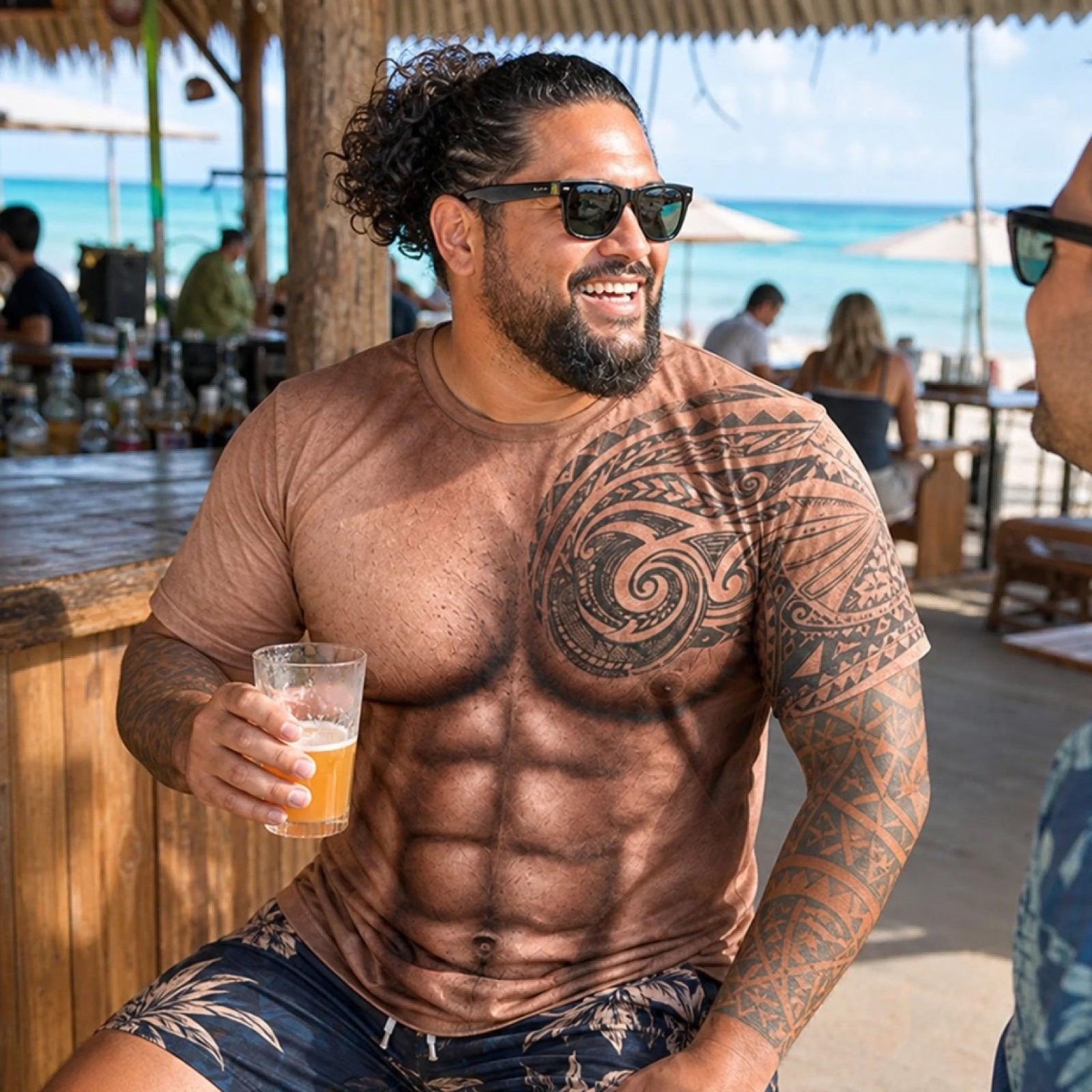 Custom 3D Muscle Tattoo T-shirt Men, Hawaiian Beach Shirt, Polynesian Tribal Tee