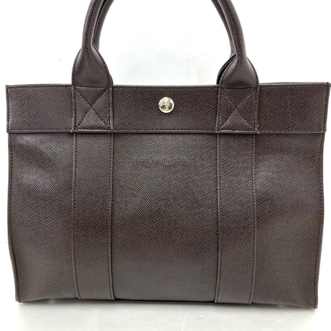 Yves Saint Laurent Brown Leather Tote Bag Unisex Logo Silver Hardware Auth