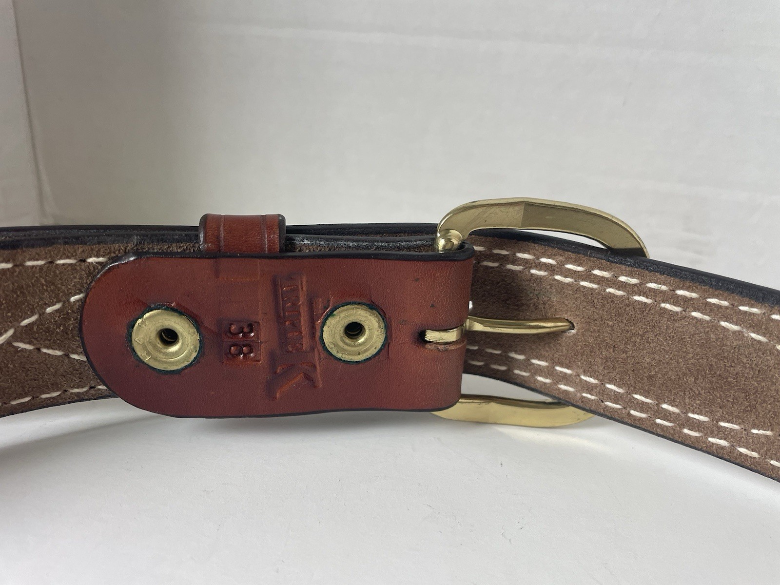 Triple K Leather Stitched Belt Size 38 Brown Brass Colored Buckle With Loop USA