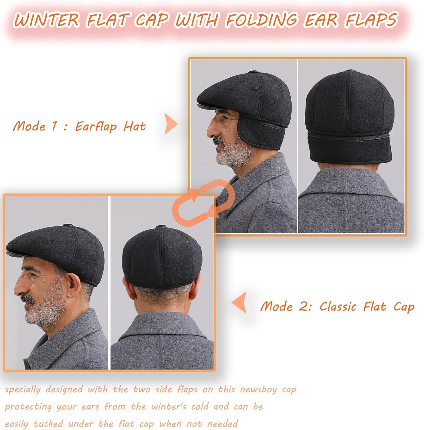 Men’S Winter Flat Cap with Ear Flaps Wool Warm Newsboy Hat Derby Tweed Irish Cap