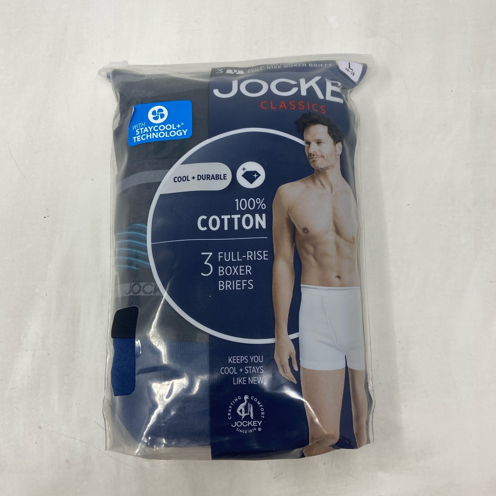 Jockey Classics 3 Boxer Briefs L Blue Assorted 100% Cotton Full-Rise