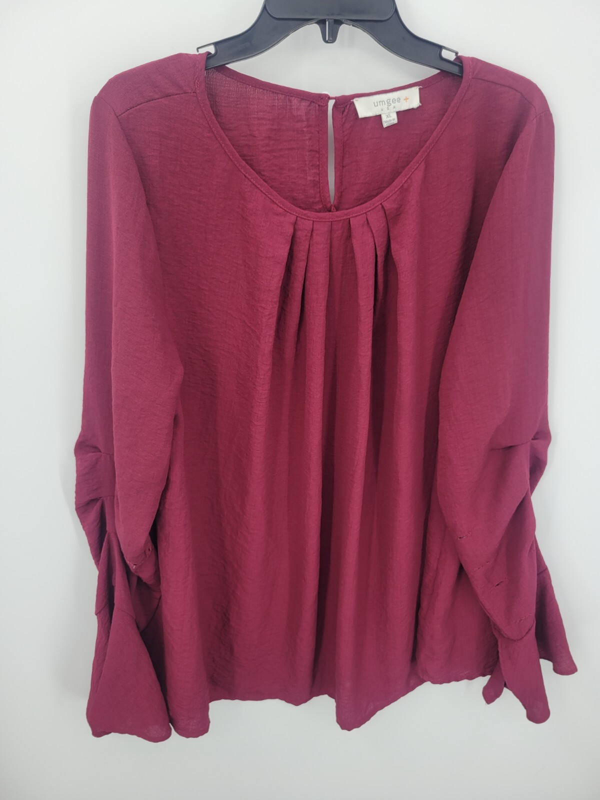 Umgee Top Womens XL Maroon Pleated Ruched Ballon Sleeve Boho Artsy Peasant