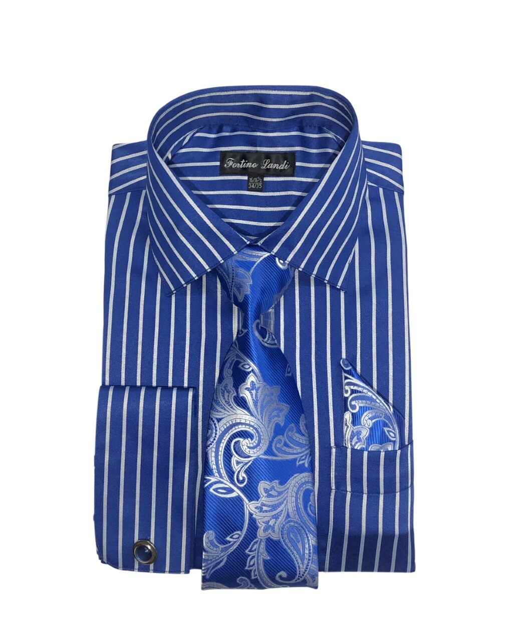 Men’s Striped Dress Shirt with Tie + Handkerchief, French Cuff Links New