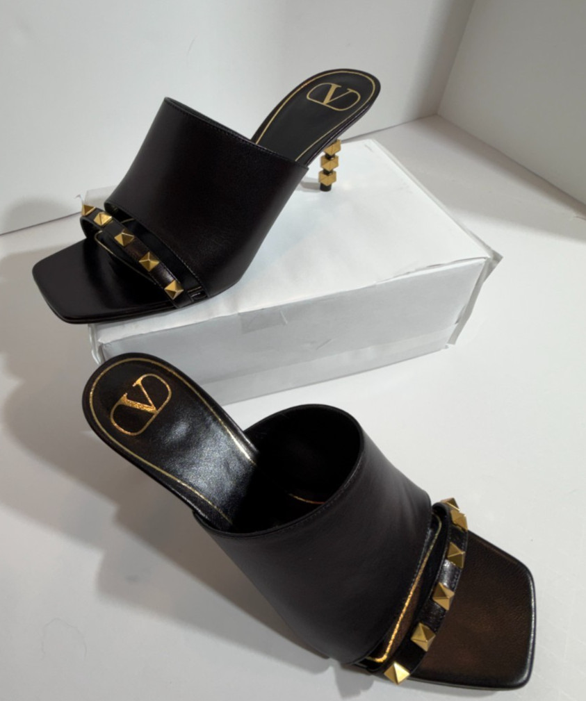 New Valentino Black Slide Sandals with Rockstud Accents 3 Inch Heels Size 38
