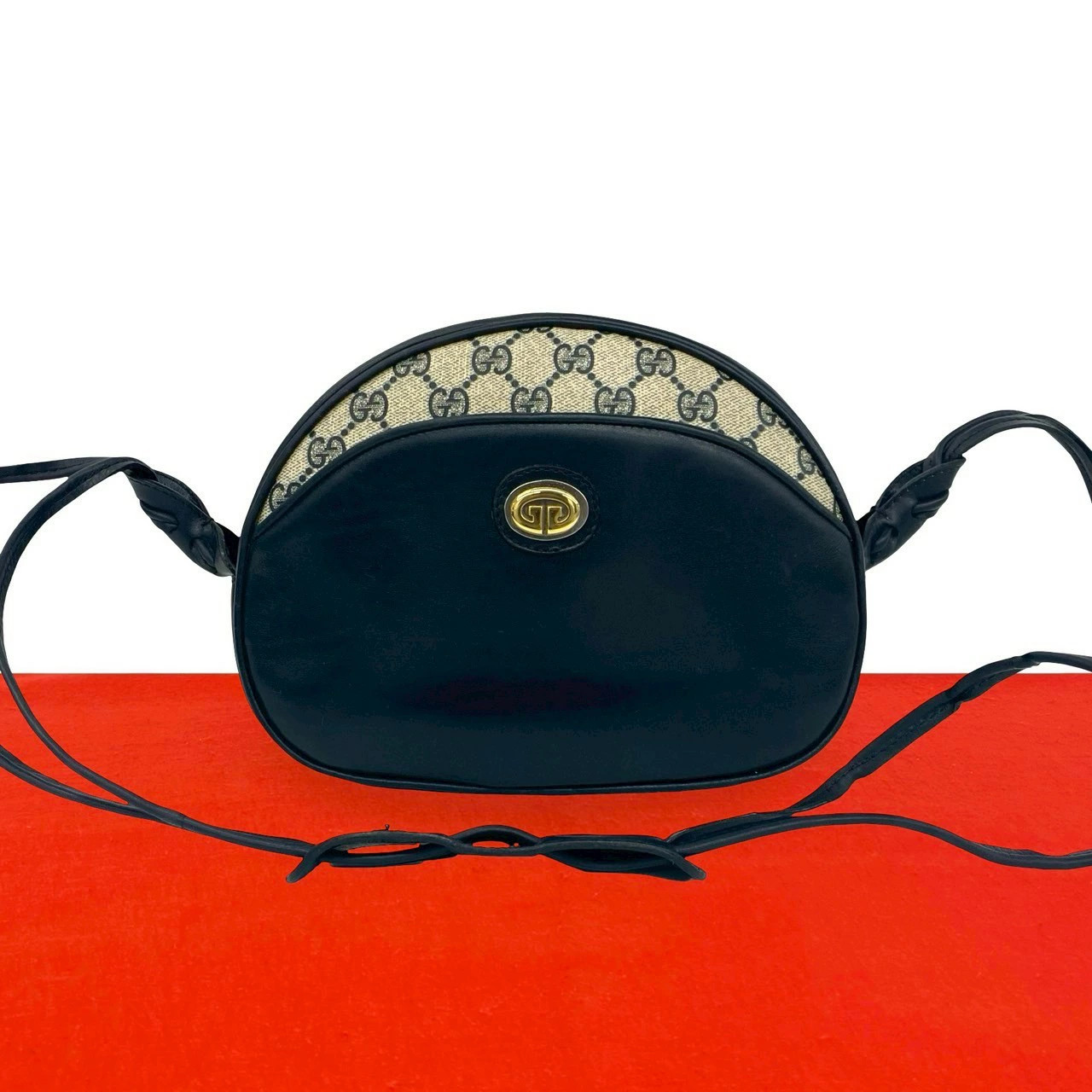 GUCCI Vintage Old Gucci GG Logo Pattern Hardware Leather Shoulder Bag Navy
