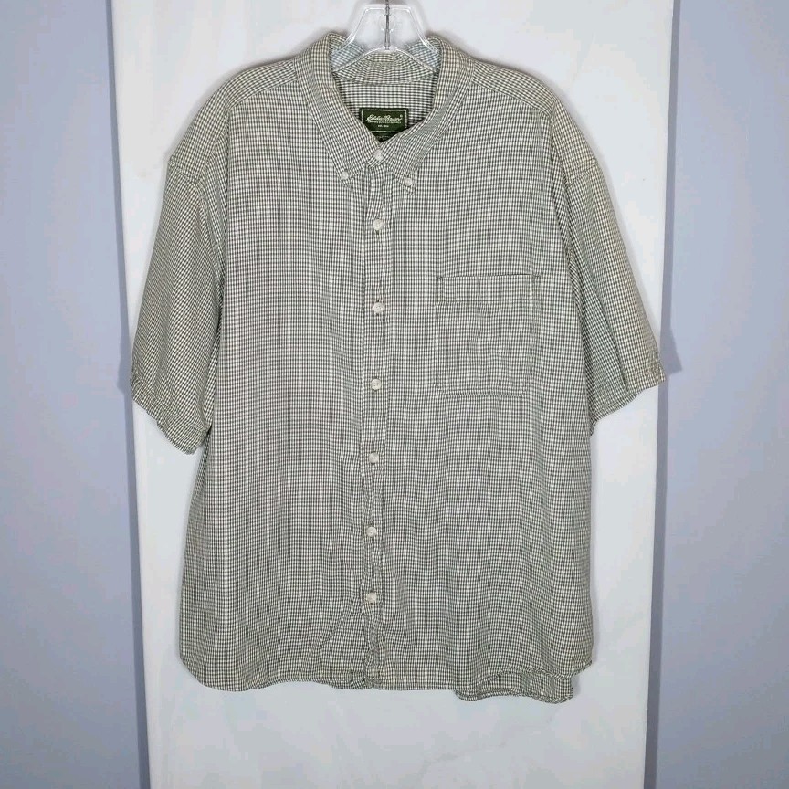 Eddie Bauer XXL Green White Gingham Check Button Down Shirt Short Sleeve Cotton