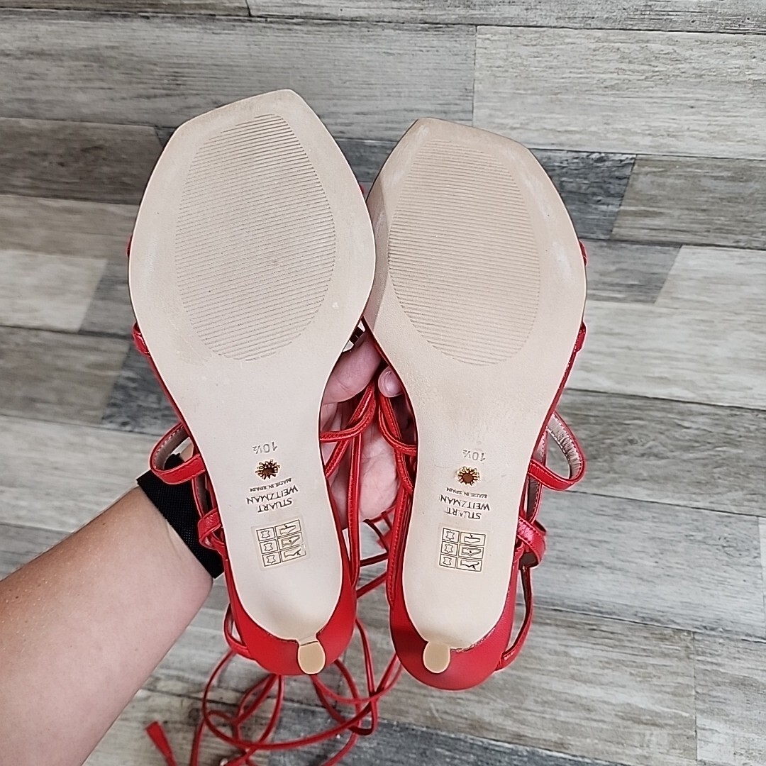 Stuart Weitzman Red Ankle Wrap Heels Womens Sz 10.5 (WORN 1X)