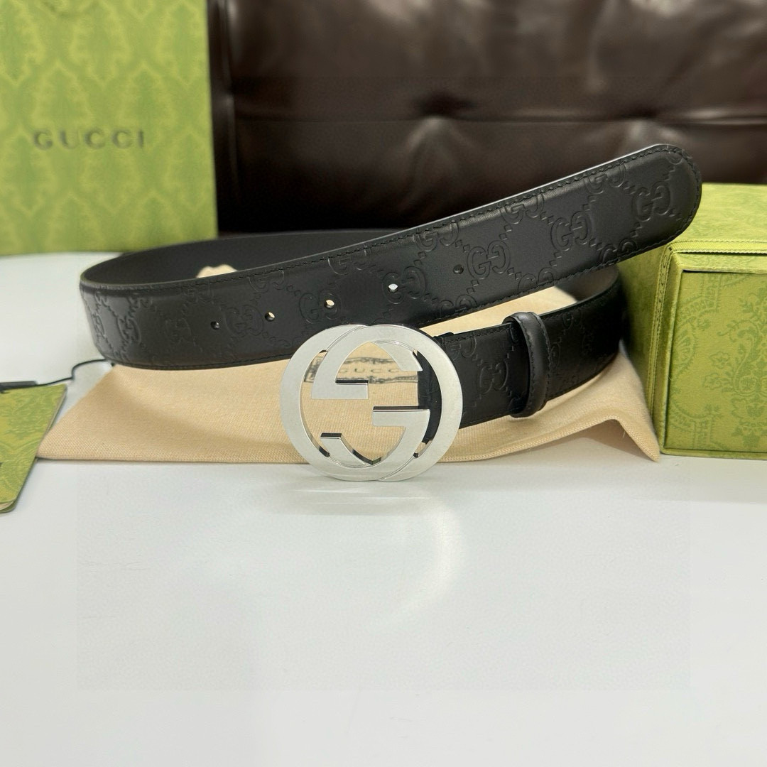Gucci Interlocking G Buckle Embossed Leather Belt (Men’s, Silver Buckle,105cm)