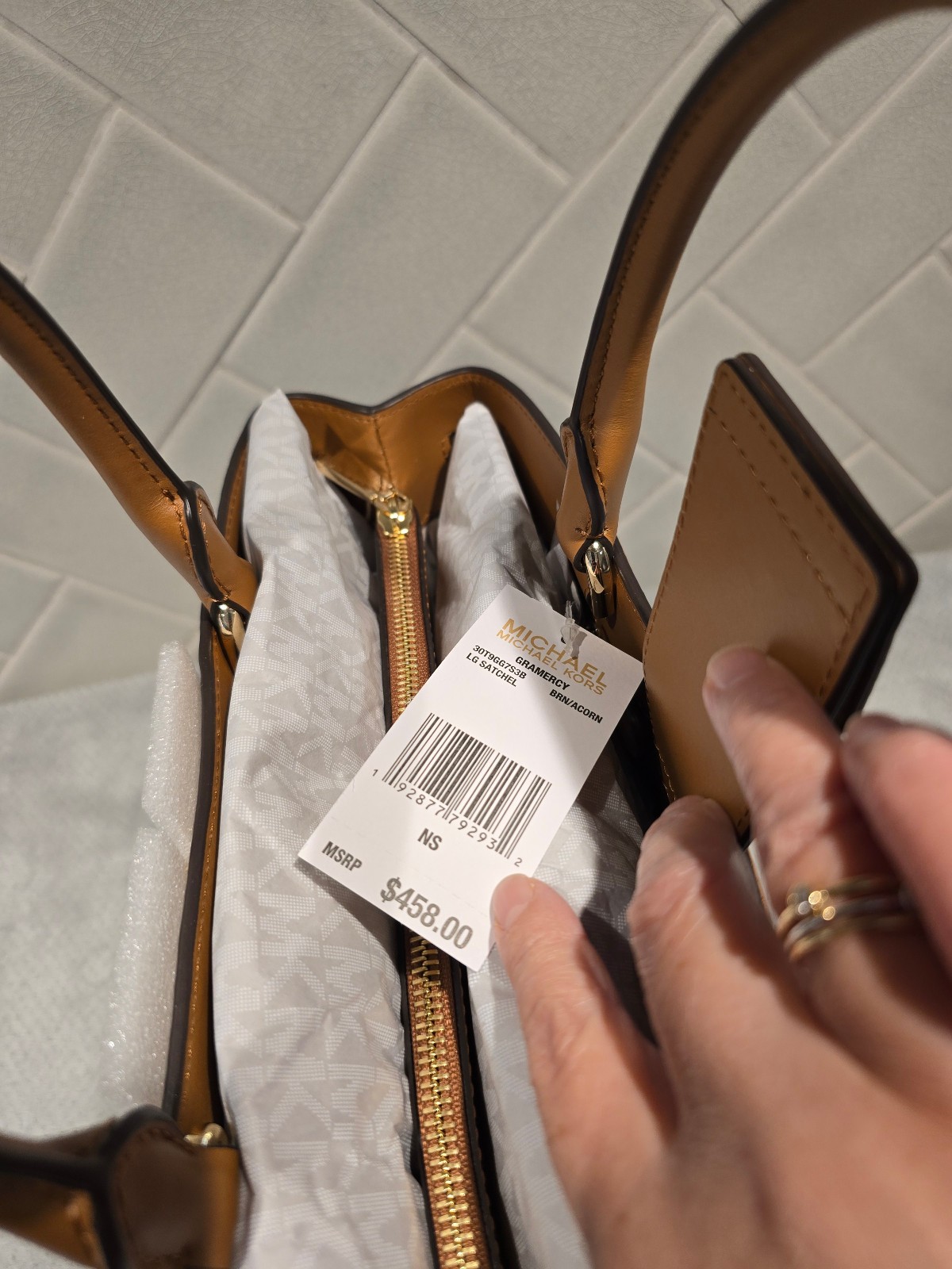 NWT Michael Michael Kors Gramercy Tan Leather/MK Logo Satchel w/ Nailhead Studs