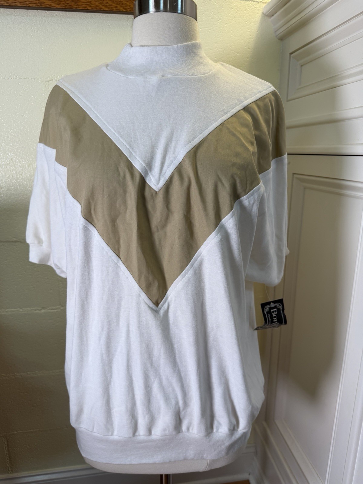 Vtg BonWorth Top Sz Medium White Tan Colorblock Mock Neck USA Made Retro 80s 90s
