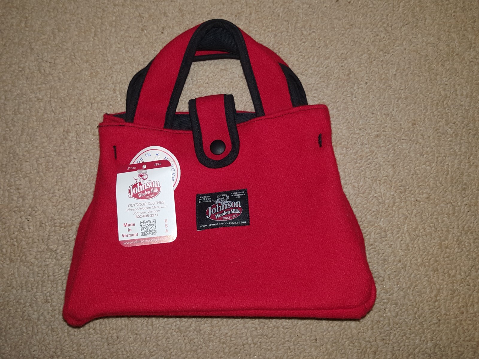 NWT Johnson Woolen Mills Red Wool Bitty Bag Purse Tote Hand Satchel 10”x7″x3″