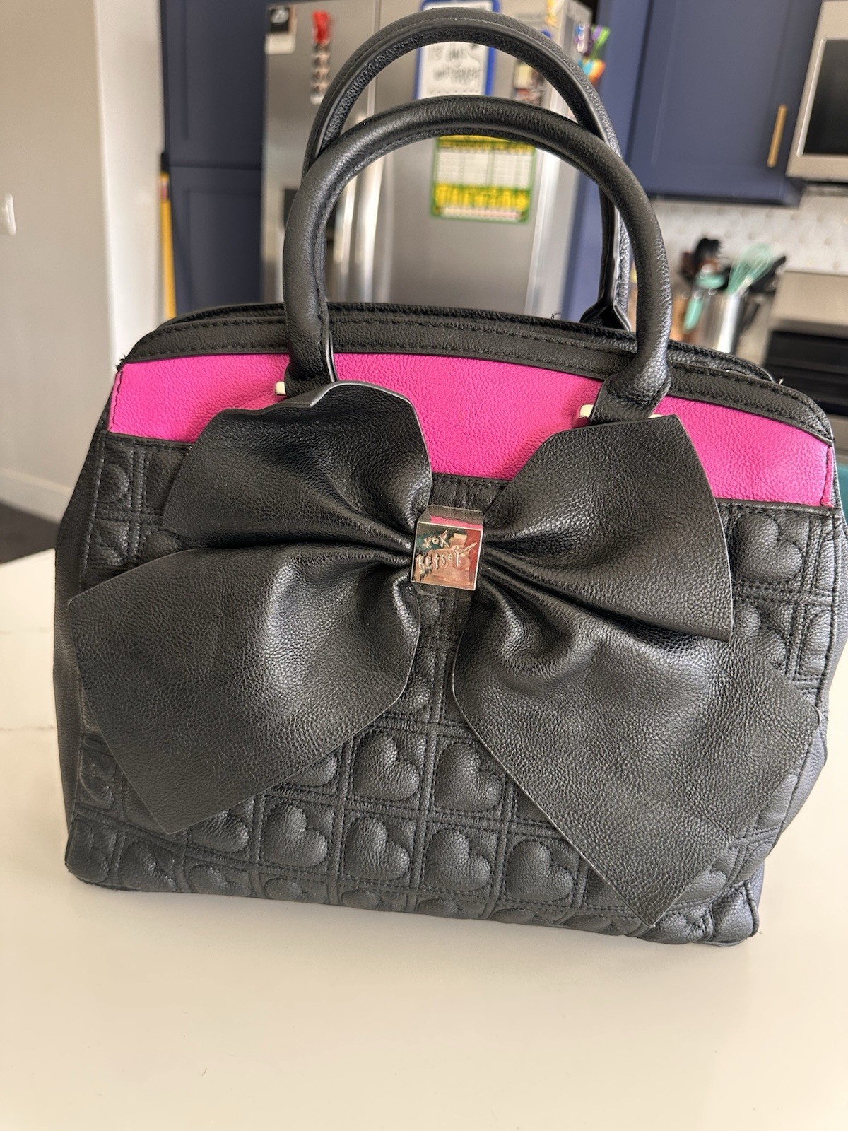 Betsey Johnson Black/Pink Heart Quilted Bow Satchel Top Handle, Zip, Pockets