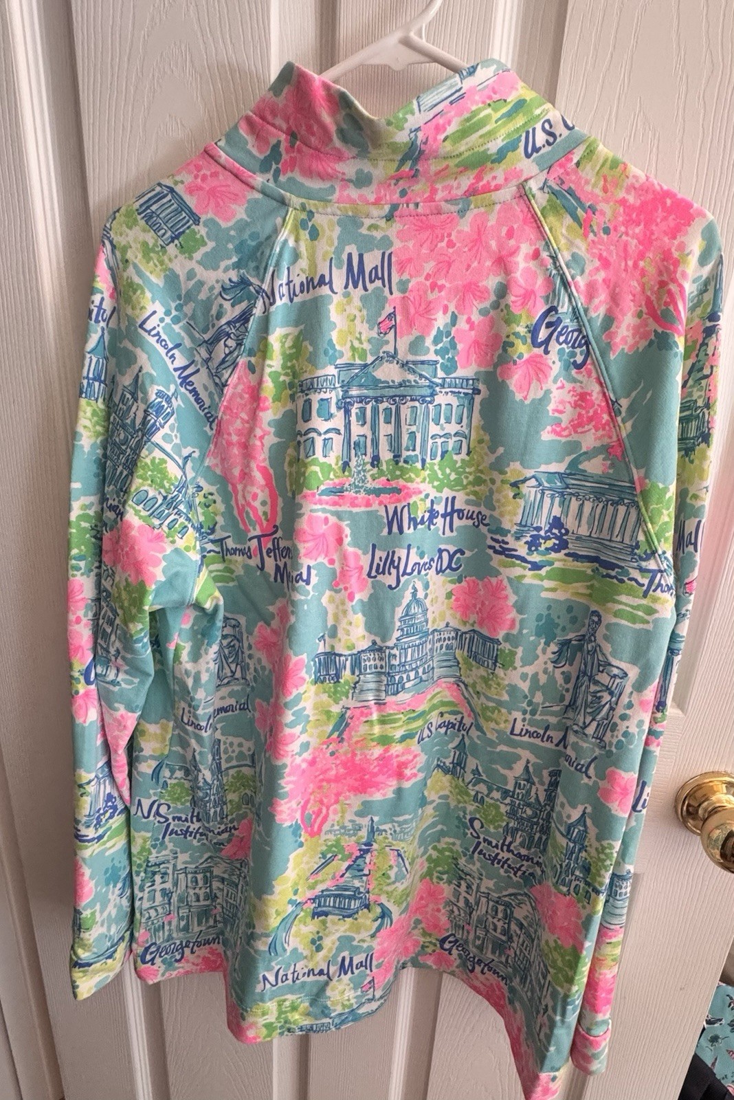 Lilly Pulitzer XL UPF 50+ Quarter Zip Pullover Washington DC Print Pink Blue
