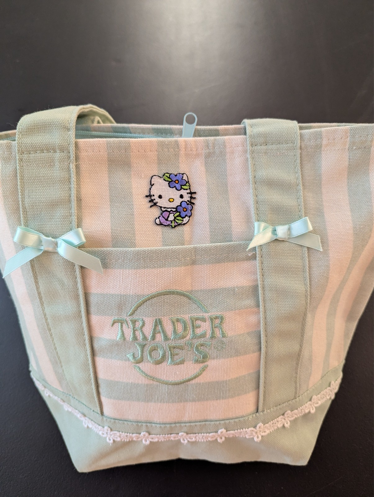 Custom Trader Joe’s Hello Kitty zipper mini tote bag striped pastel green bows