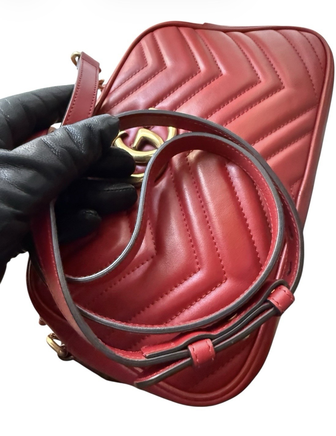 GUCCI GG Marmont Matelasse Red Leather Small Camera Shoulder Crossbody Bag