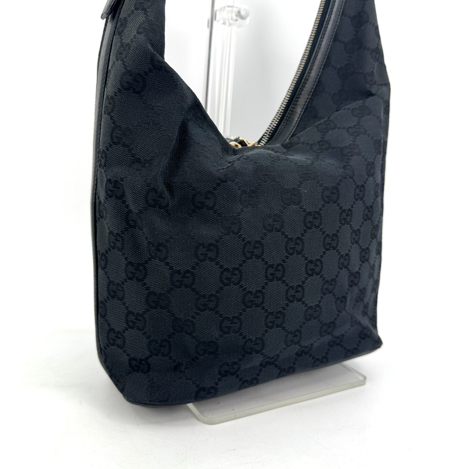 Gucci Hobo Shoulder Bag GG Canvas Black Authentic 504T0455