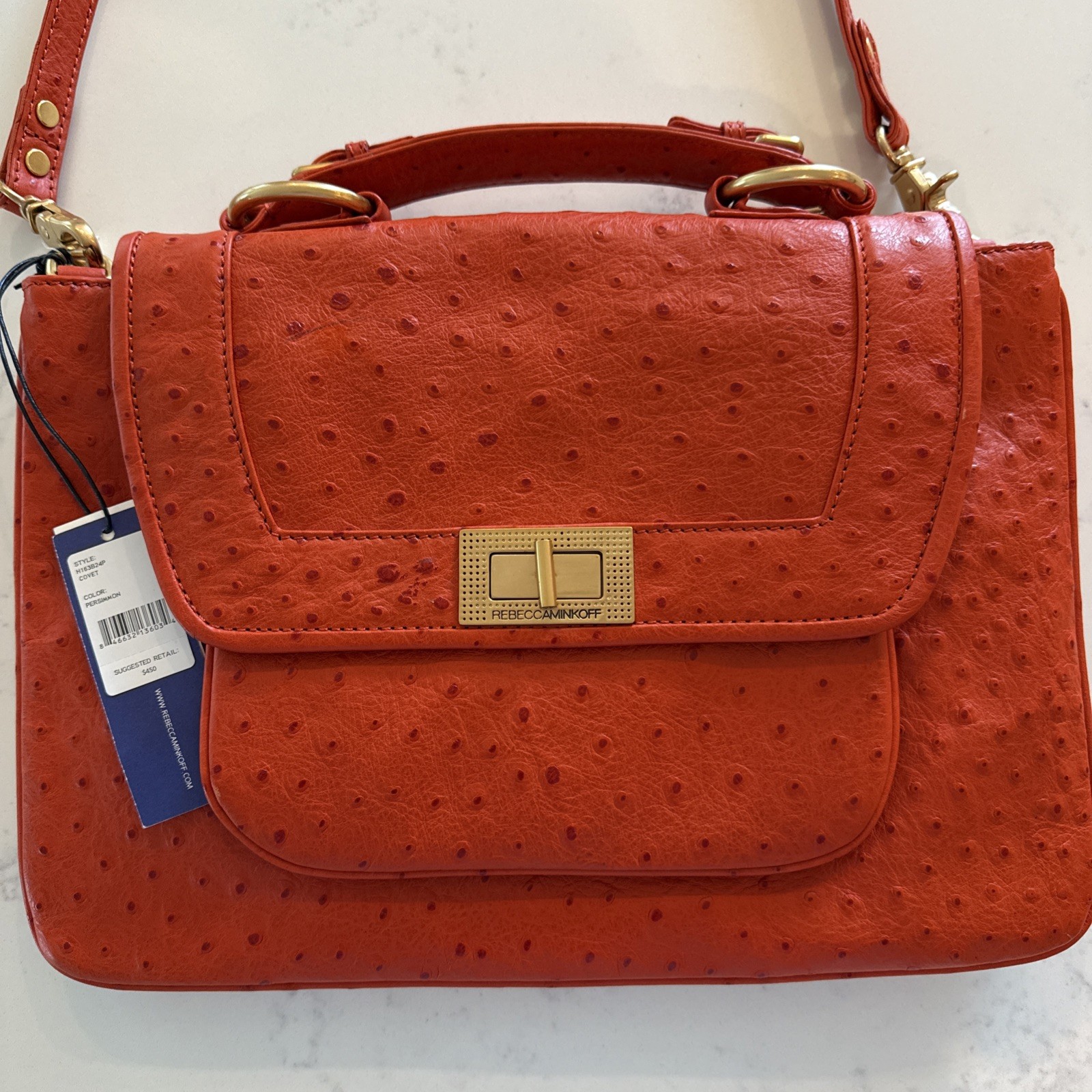 Rebecca Minkoff Covet Satchel Persimmon Ostrich-Embossed Leather NWT H163B24P