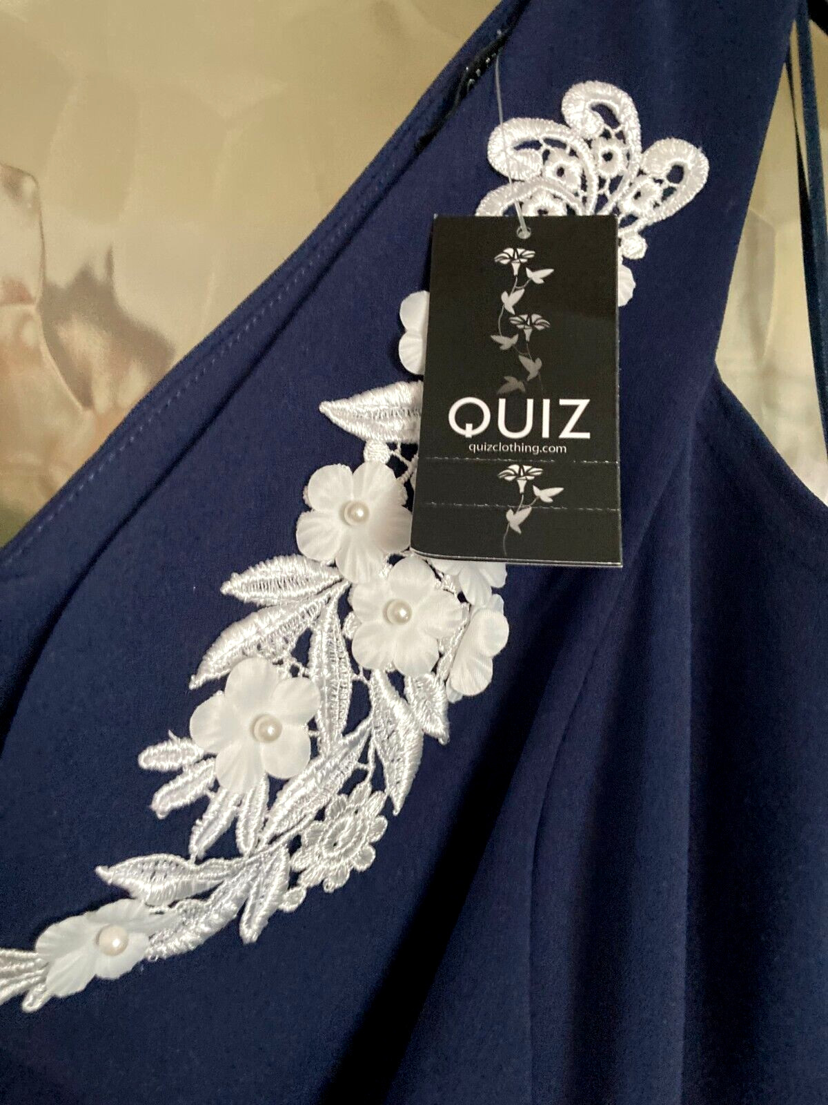 BNWT Ladies QUIZ French NAVY Blue & ECRU Dip Hem Embroidered Occasion Dress 24