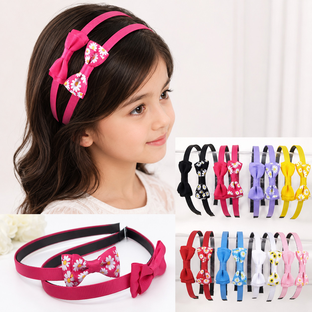 12pc Girl Flower Solid Bowknot Ribbon Headband Hair Bow Head Band Clip Women Lot
