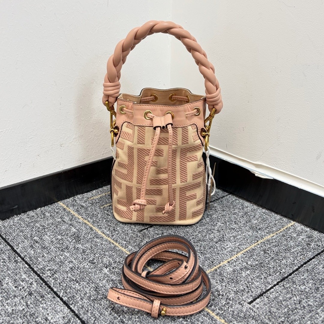 FENDI Mon Tresor Bucket Crossbody Bag FF Mini Pink Embossed Canvas Gold HW AUTH