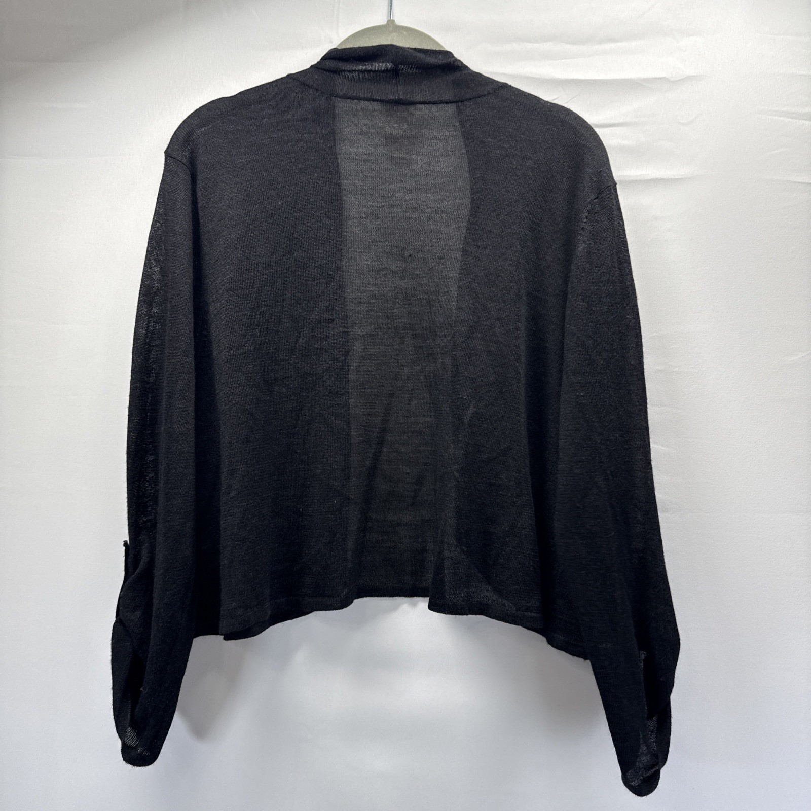 Chicos Women’s Cardigan Sweater L Lightweight Open Roll Tab Sleeves Semi Sheer