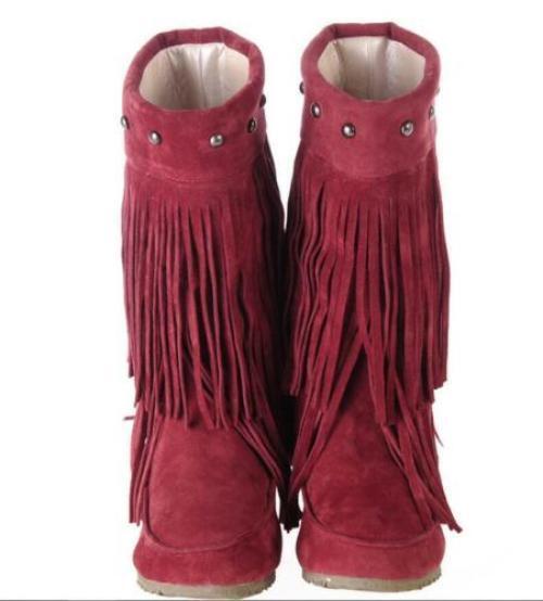Fringes Womens Rivet Tassel Round Toe Hidden Wedge Mid Calf Boots Pull on Shoes