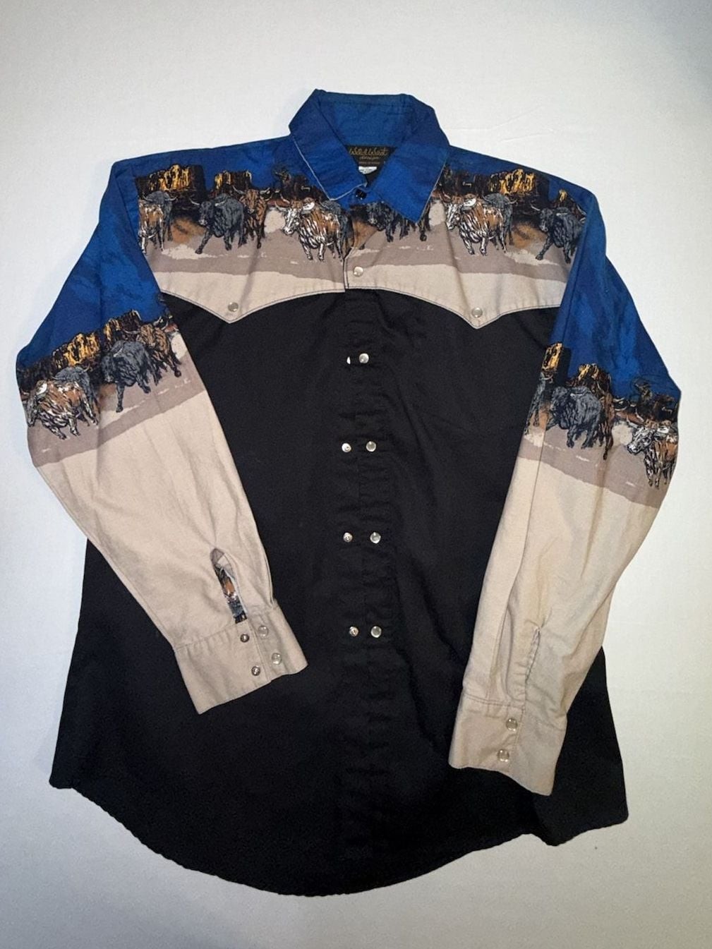 Wild West Design Vintage Men’s Western Shirt with Horse Print Graphic Pearl Snap