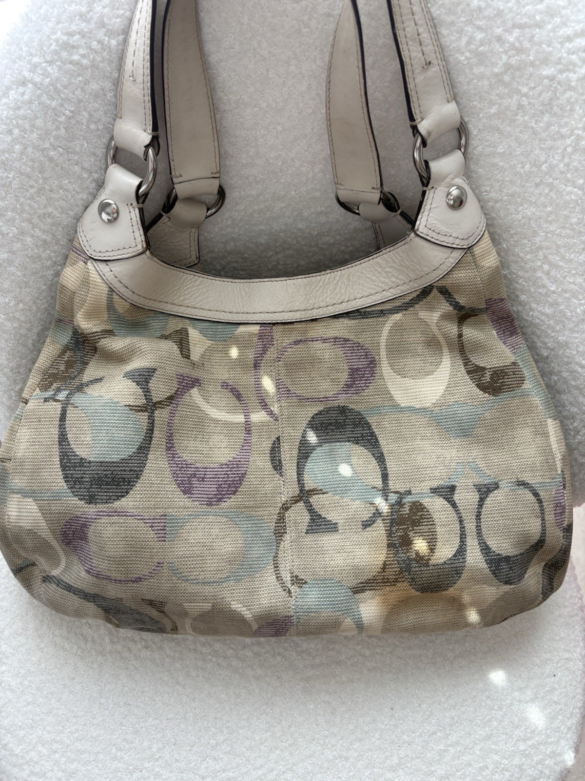 Coach Optic Linen Soho Hobo Leather Shoulder Handbag Signature Gray Peach EUC