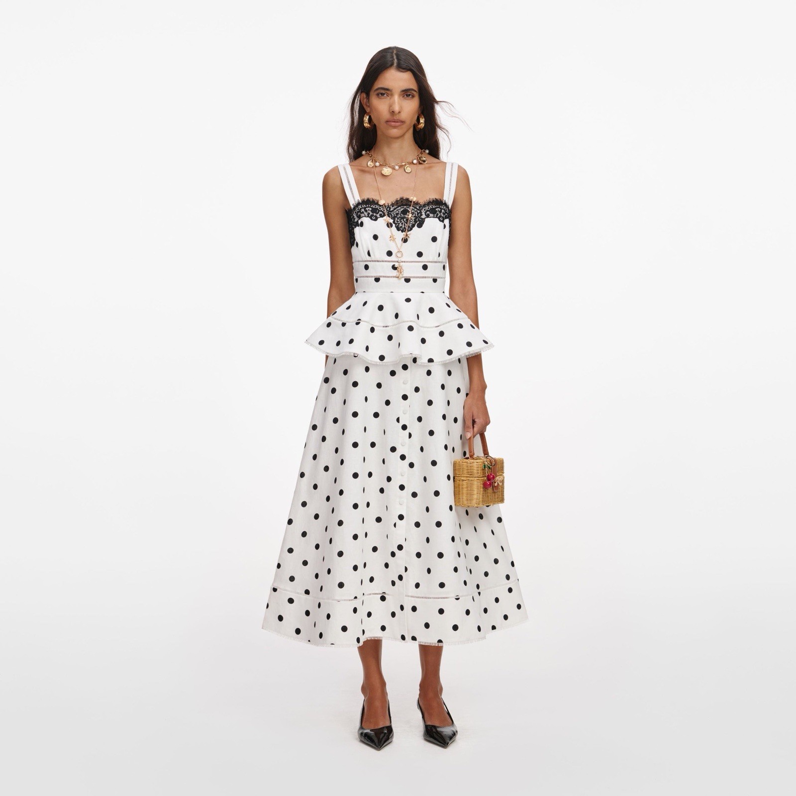 self portrait WHITE POLKA DOT LINEN MIDI DRESS $ 685 Size US 2 UK 6