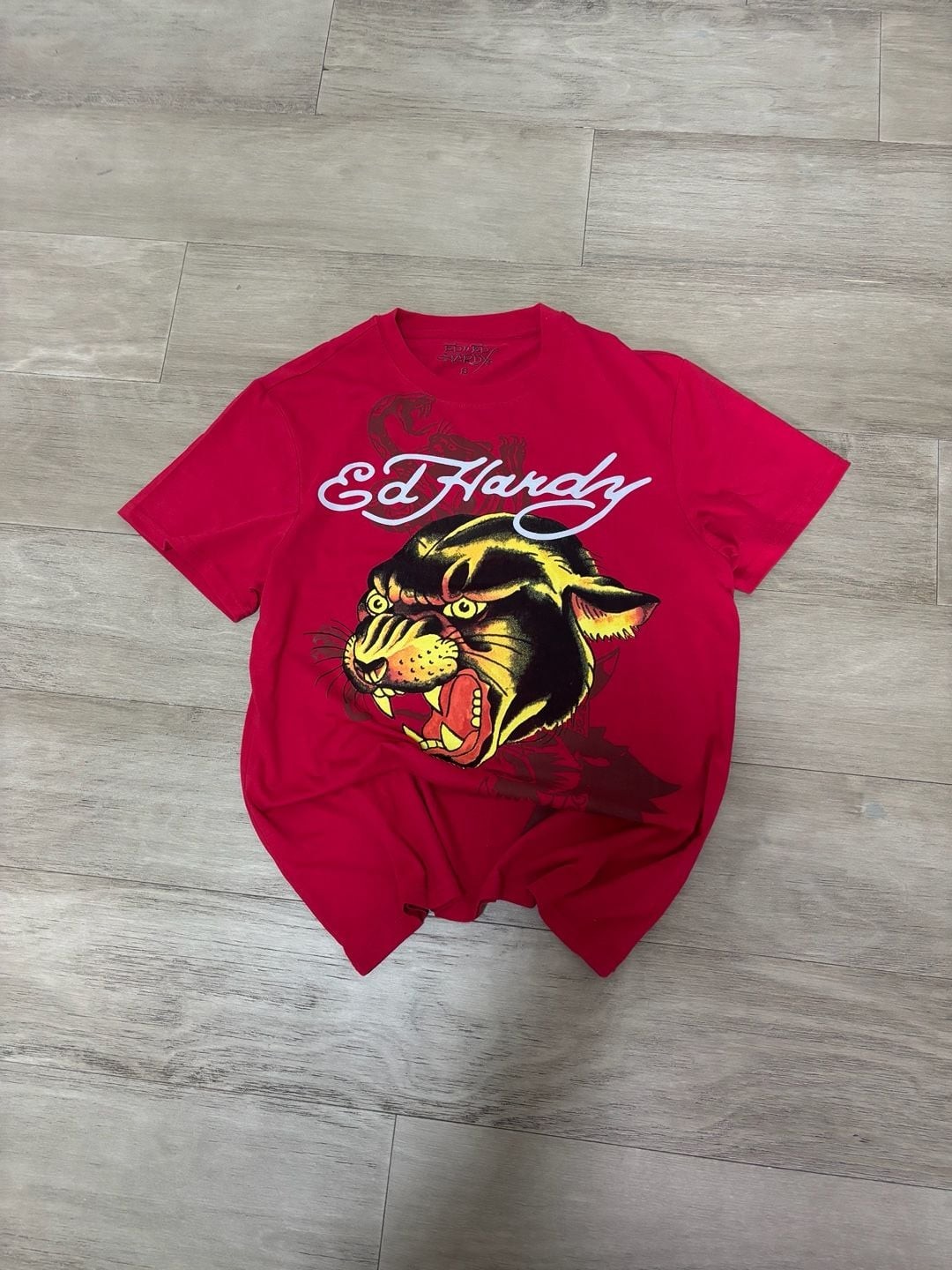 Y2K Ed Hardy Red Roaring Panther Graphic T-Shirt