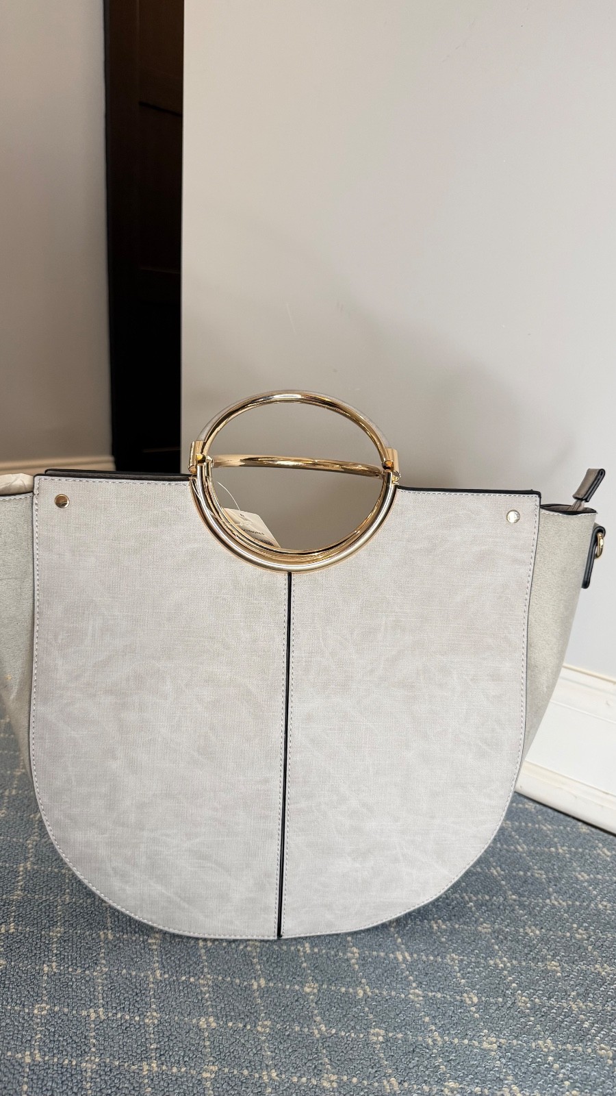 C Est 1946 Gray Crescent Moon Tote Bag Gold Ring Handle Vegan Leather NWT